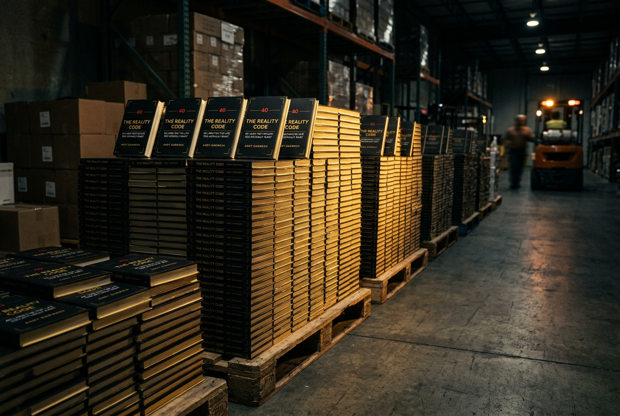 Pallets of The Reality Code hardcovers staged for bulk shipment