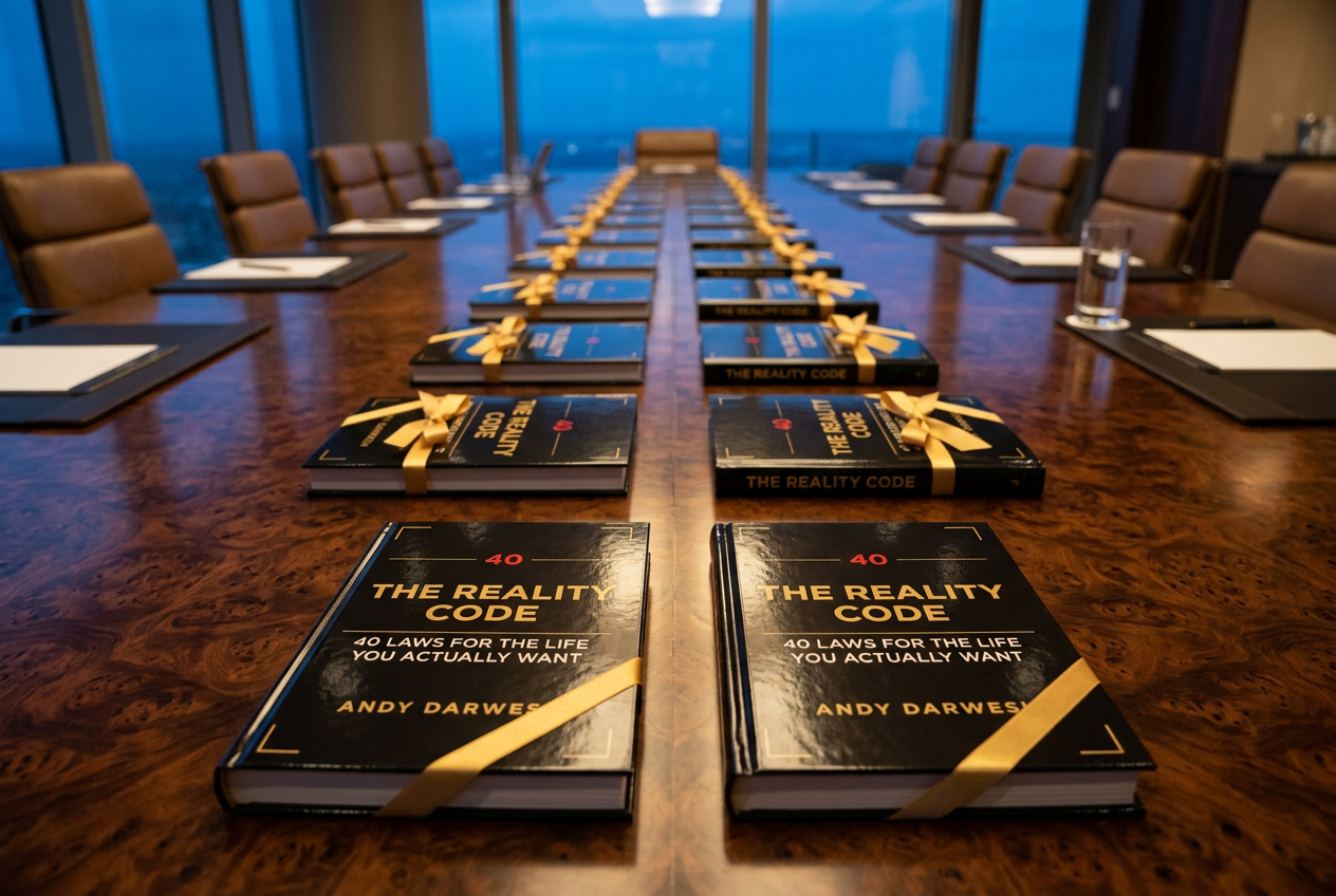 Copies of The Reality Code wrapped for corporate gifting on a boardroom table