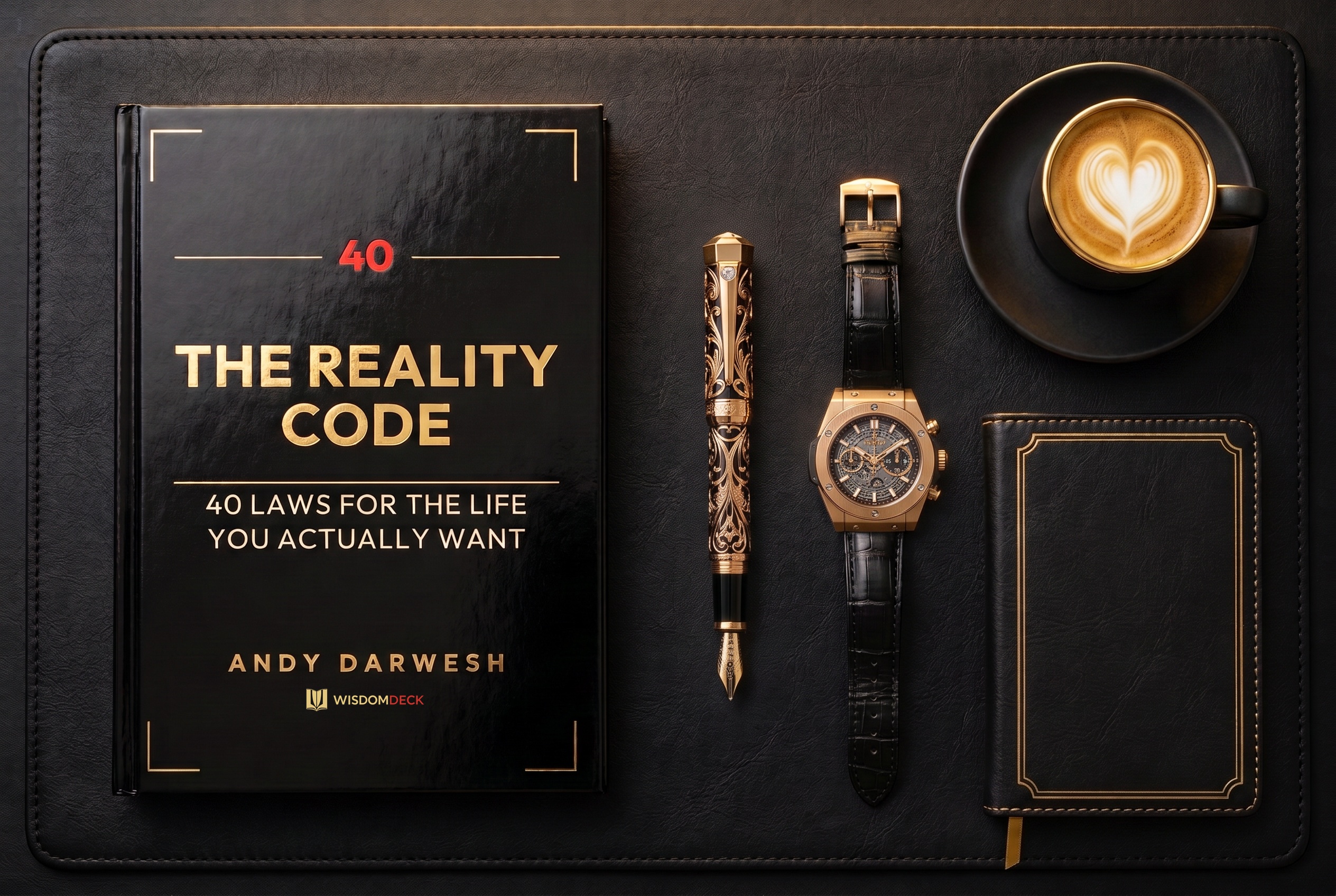 The Reality Code laid flat on a desk with a pen, watch, coffee, and notebook