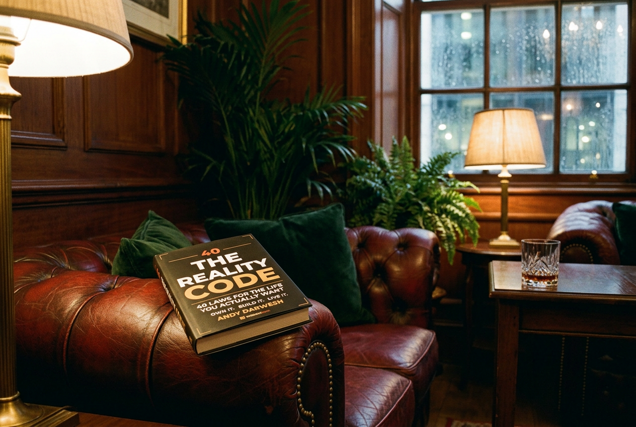 The Reality Code held in a leather reading chair in a private library