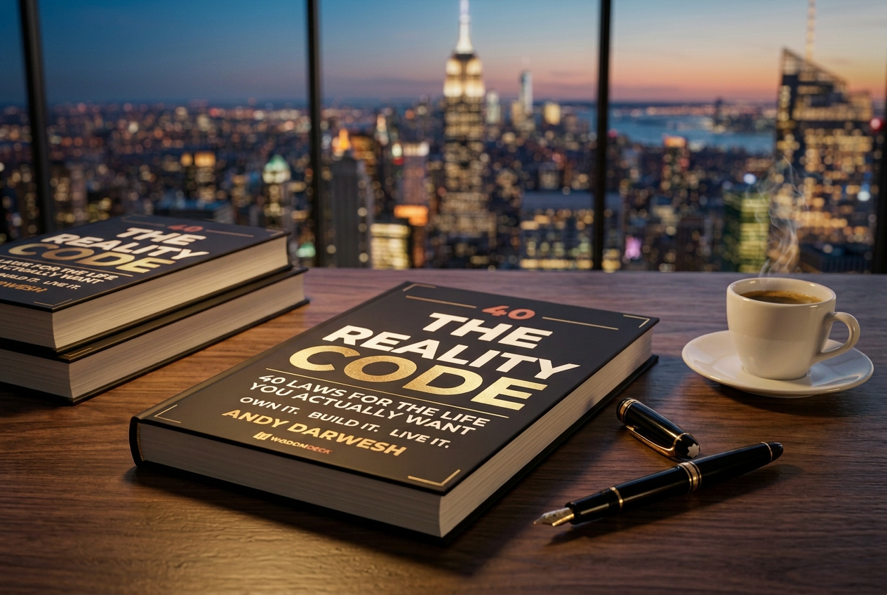 The Reality Code with stacked copies on a desk, coffee and pens, the New York skyline glowing at dusk
