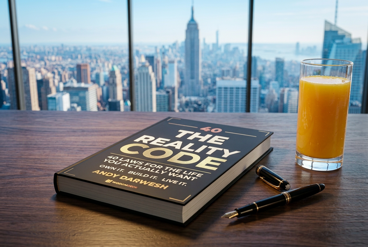 The Reality Code on a desk with orange juice and pens, overlooking the New York skyline by day
