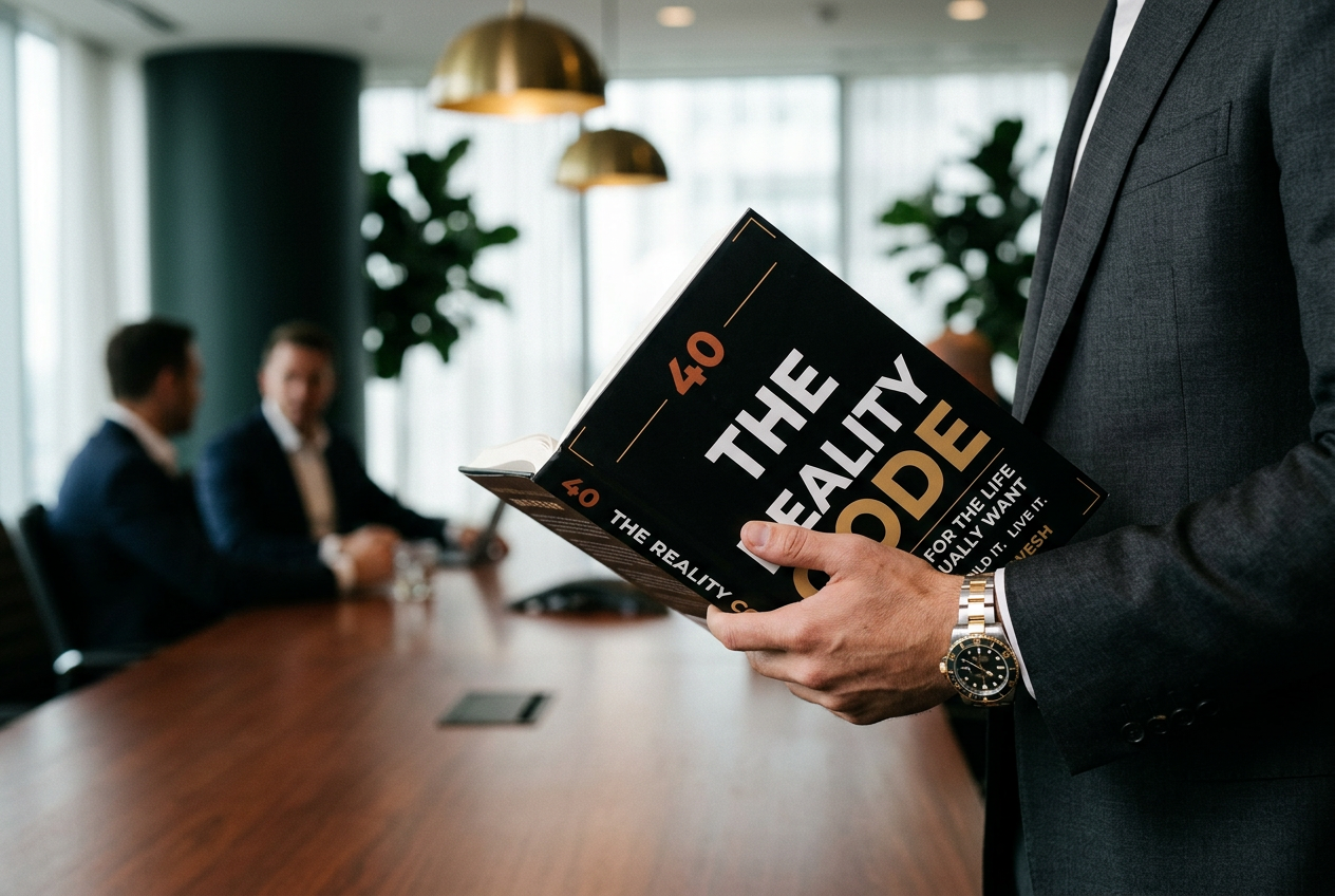 The Reality Code hardcover book held against the chest, showing the red 40