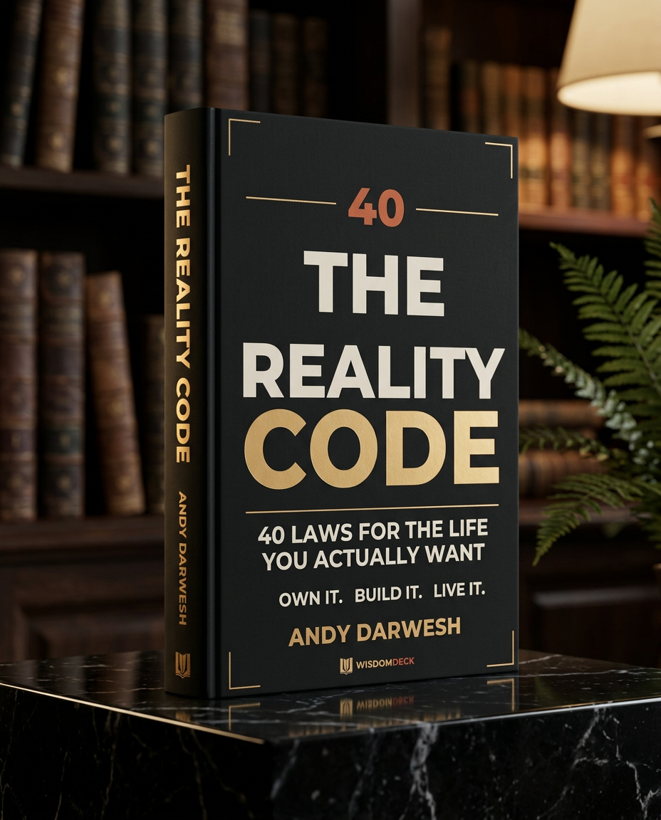 The Reality Code standing upright on a dark marble pedestal in a private library, beside a brass reading lamp