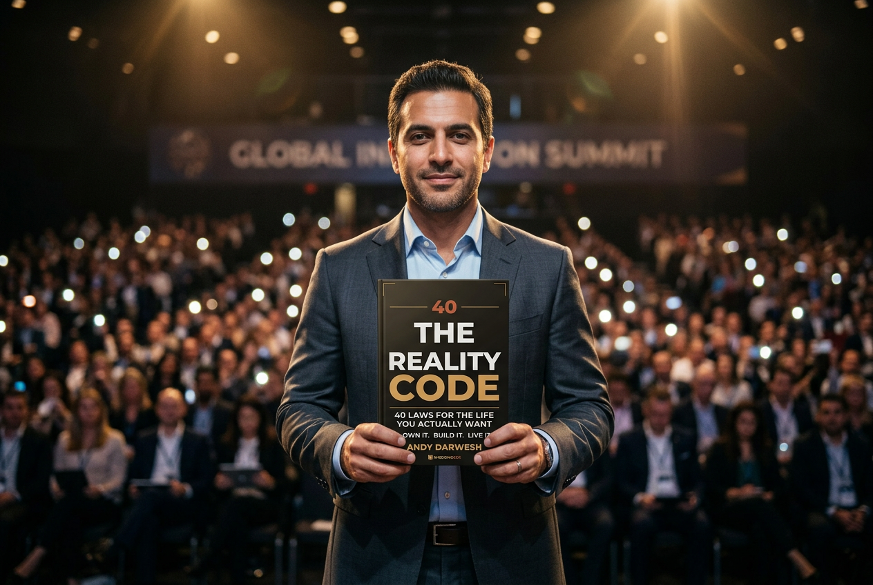 The Reality Code held above a packed conference hall at the Global Innovation Summit
