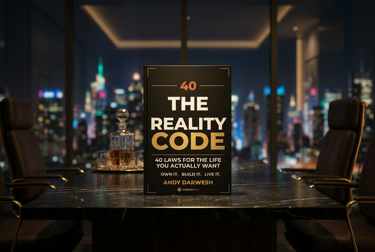 The Reality Code on a marble boardroom table with a decanter, the city skyline glowing at night