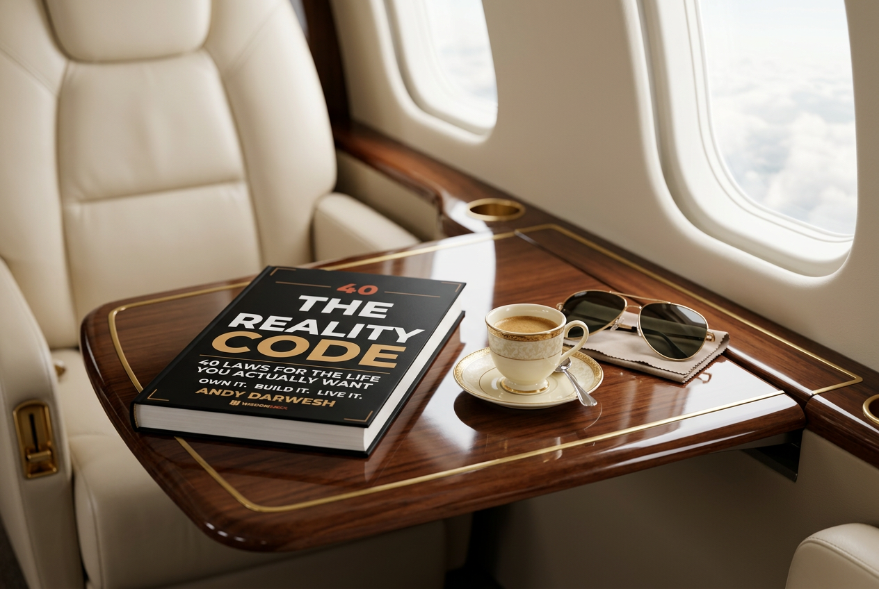 The Reality Code on a private jet's fold-out table with coffee and sunglasses
