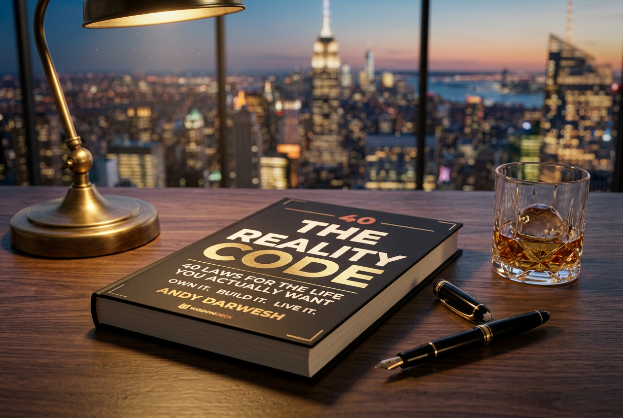 The Reality Code on a desk beneath a brass lamp, the New York skyline at sunset