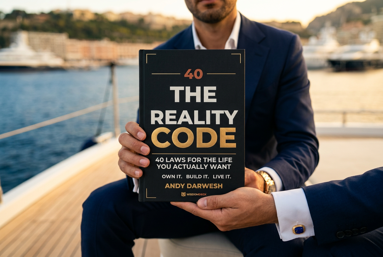 The Reality Code on a stone ledge overlooking an infinity pool at sunset