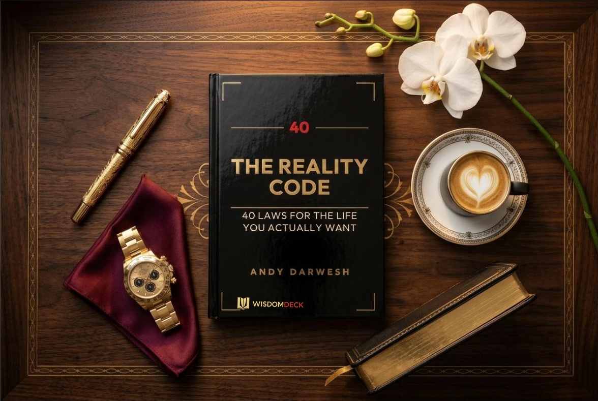 The Reality Code on a walnut desk with an orchid and antique gold accents