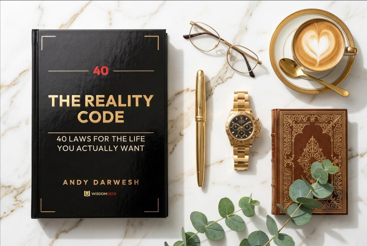 The Reality Code on white marble with reading glasses, a gold pen, watch, and coffee