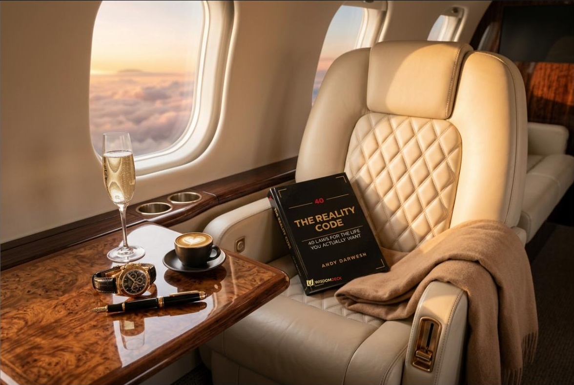 The Reality Code on a private jet table with champagne and coffee