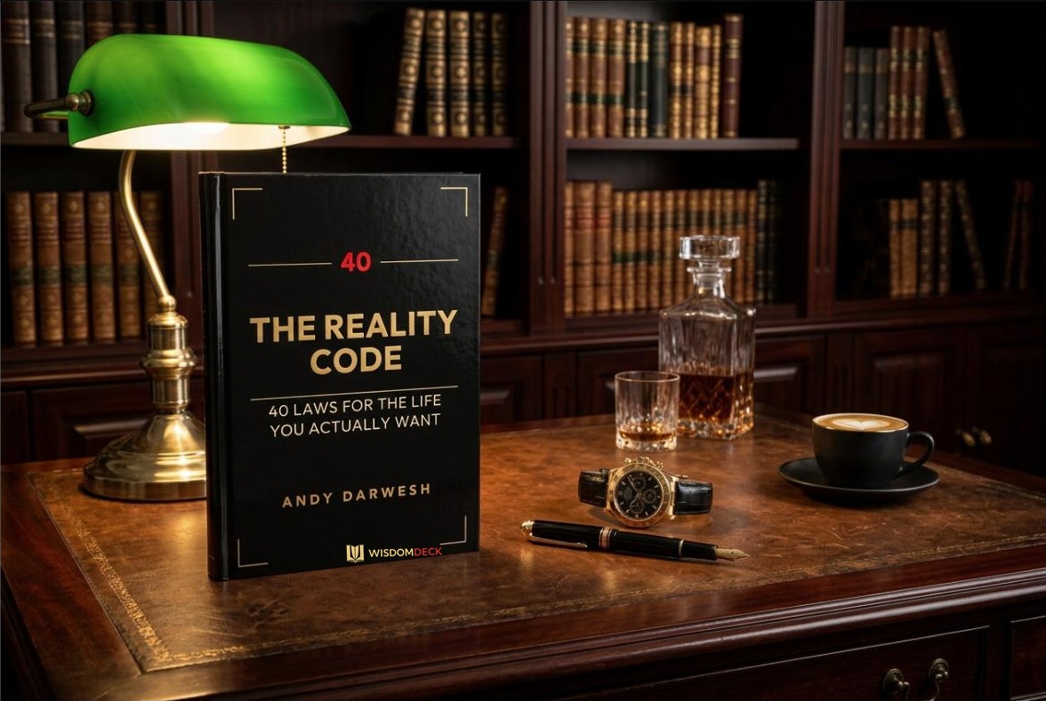 The Reality Code on a desk in a private library with a banker's lamp and whiskey
