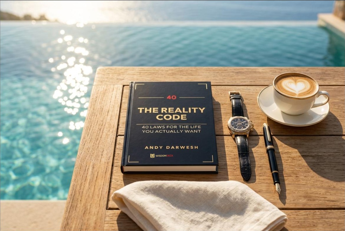 The Reality Code poolside at a luxury villa with coffee and a linen napkin