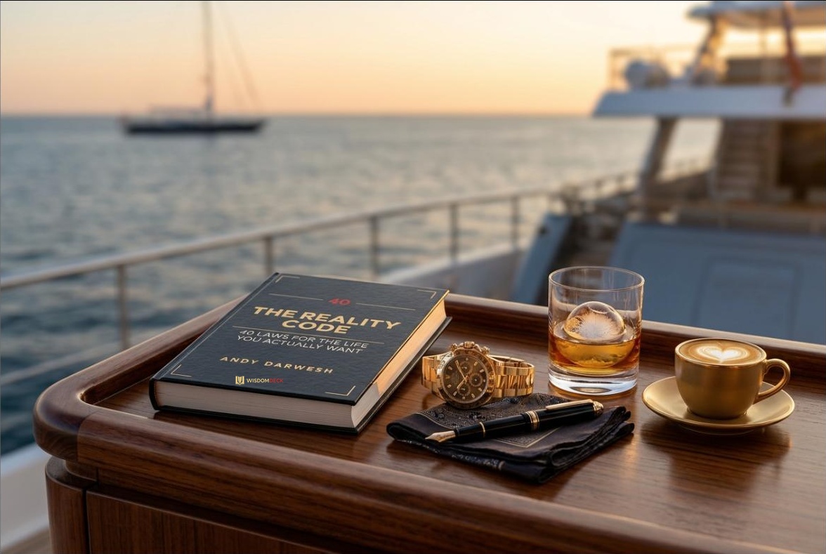 The Reality Code on a yacht at sunset with whiskey and coffee