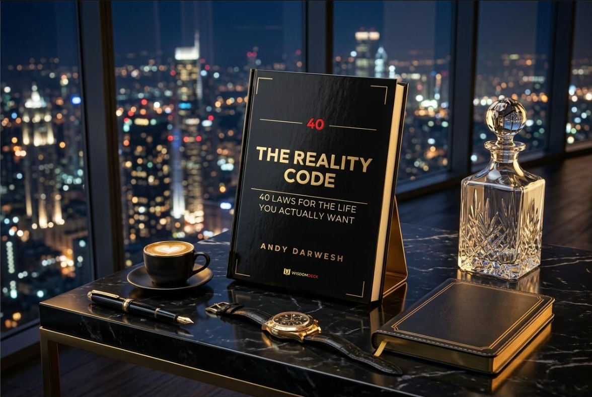 The Reality Code on a marble table with a decanter, coffee, and a city skyline at night