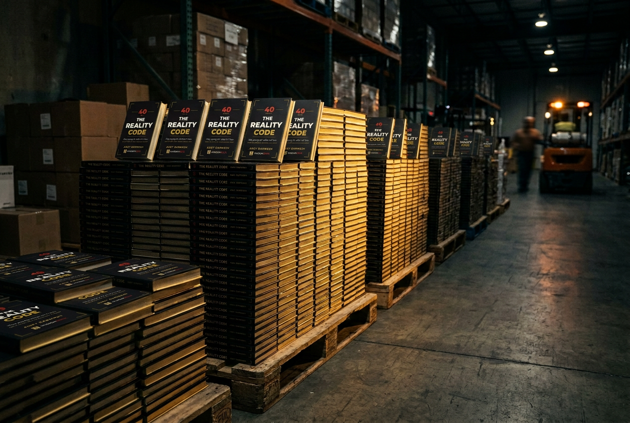 Pallets of The Reality Code hardcovers staged for bulk shipment