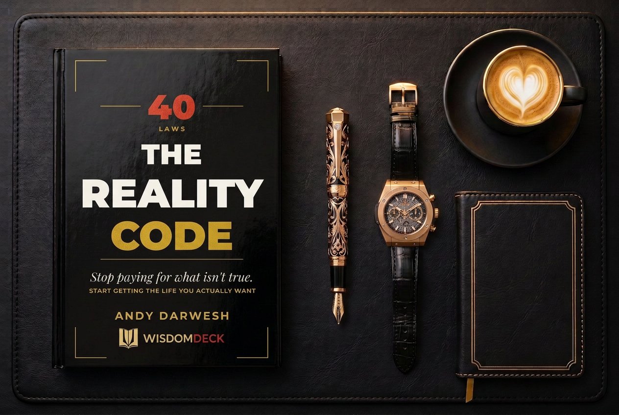 The Reality Code on a black leather desk mat with a fountain pen, gold watch, and heart-latte coffee