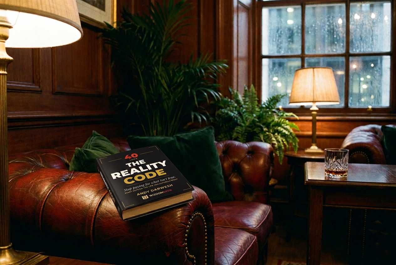The Reality Code on a leather armchair in a library