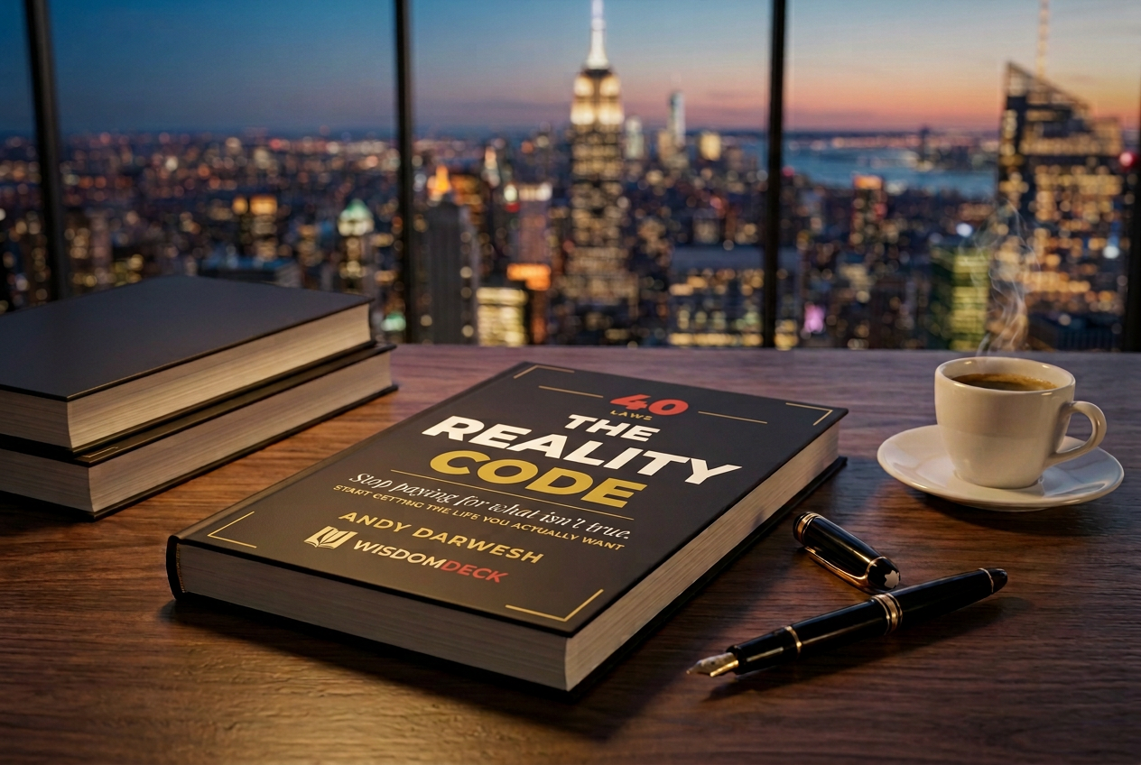 The Reality Code on a desk above the city skyline