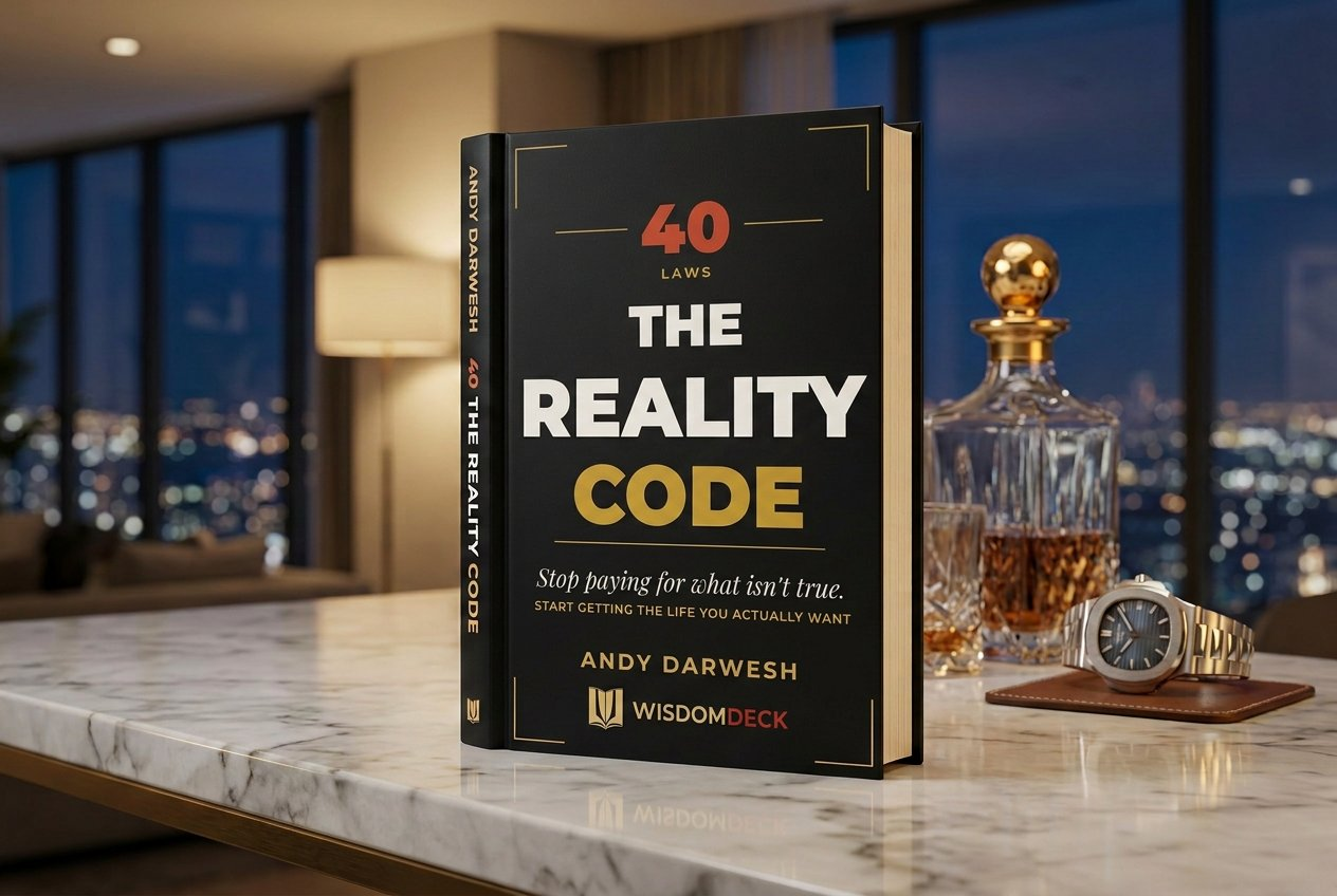 The Reality Code on a marble bar with the city at night