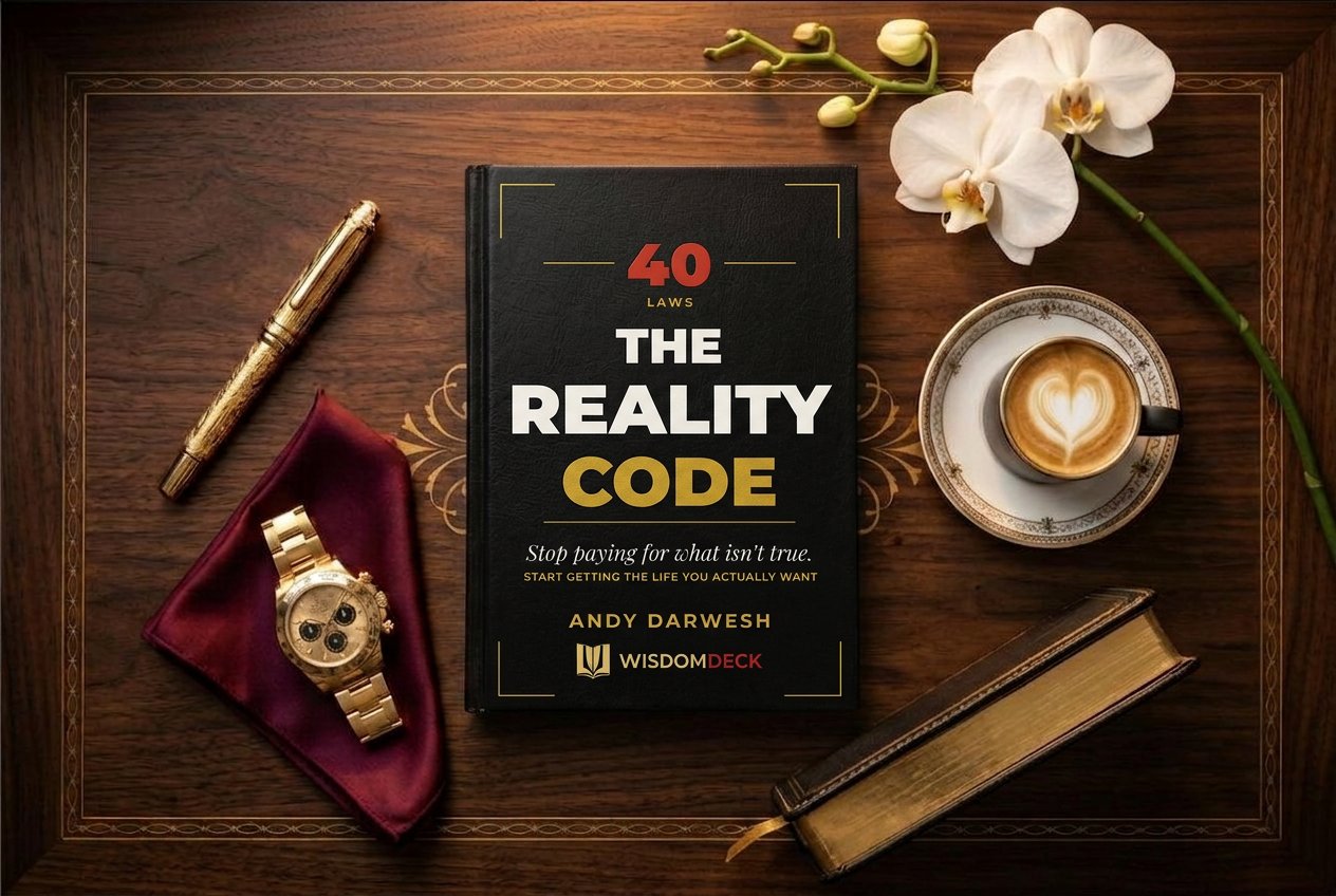 The Reality Code on a walnut desk with an orchid and antique gold accents