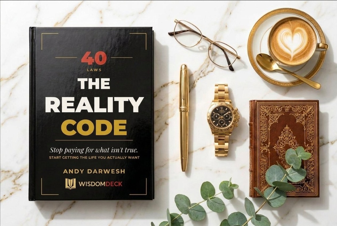 The Reality Code on white marble with reading glasses, a gold pen, watch, and coffee