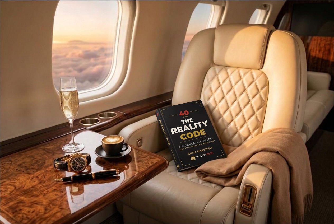 The Reality Code on a private jet table with champagne and coffee