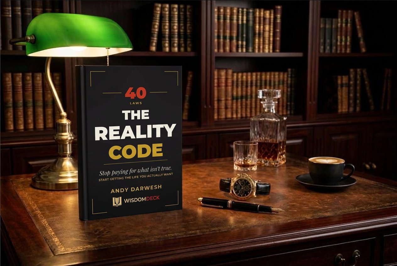 The Reality Code on a desk in a private library with a banker's lamp and whiskey