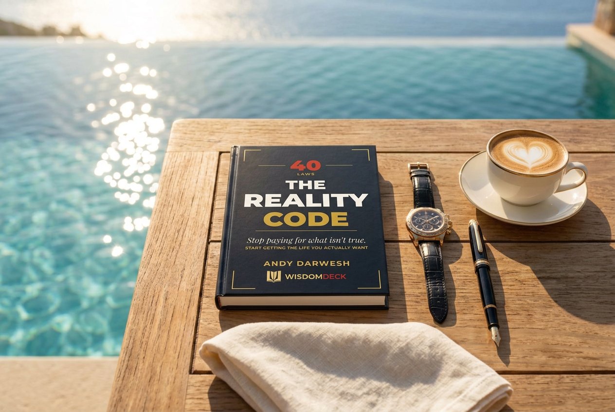 The Reality Code poolside at a luxury villa with coffee and a linen napkin