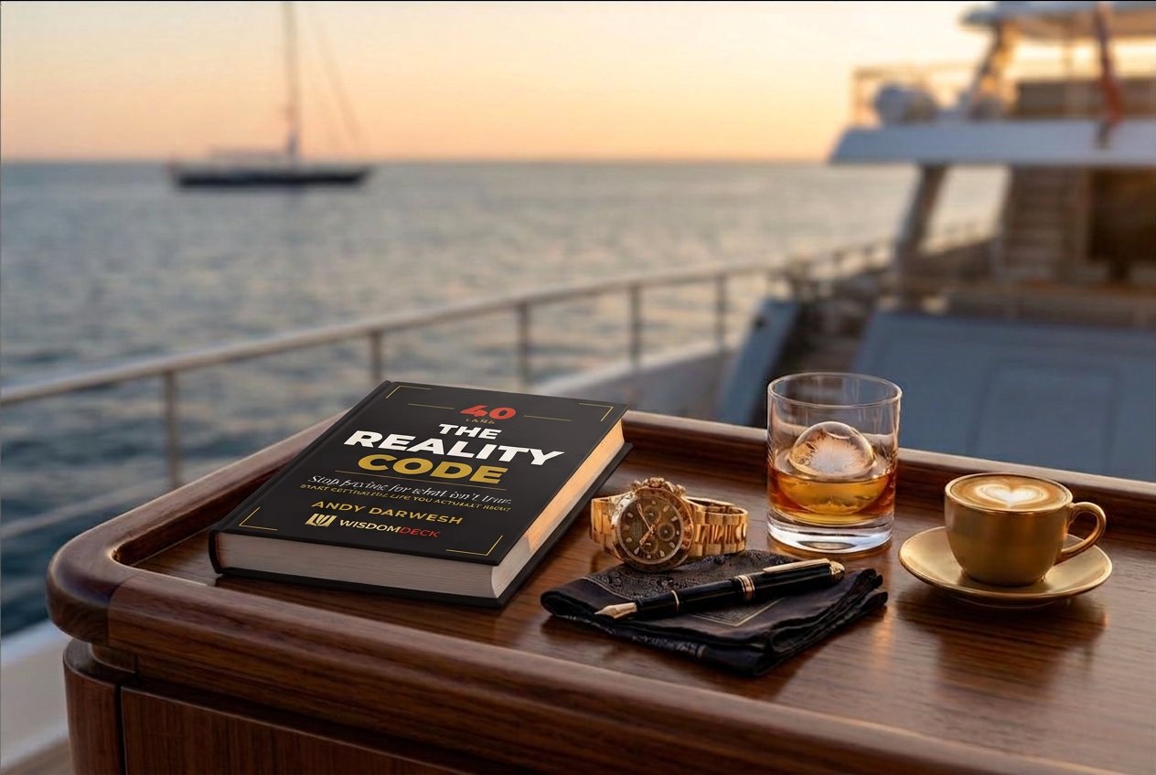 The Reality Code on a yacht at sunset with whiskey and coffee