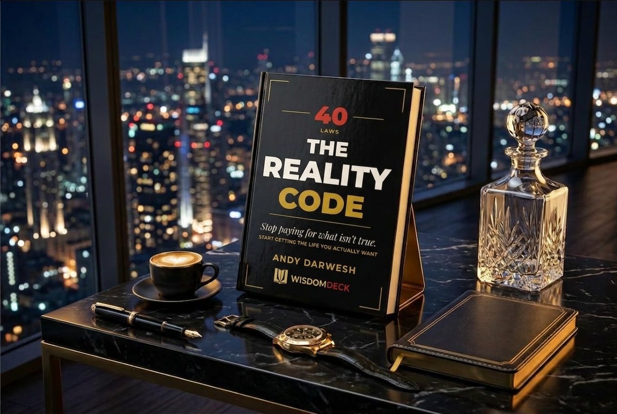 The Reality Code on a marble table with a decanter, coffee, and a city skyline at night