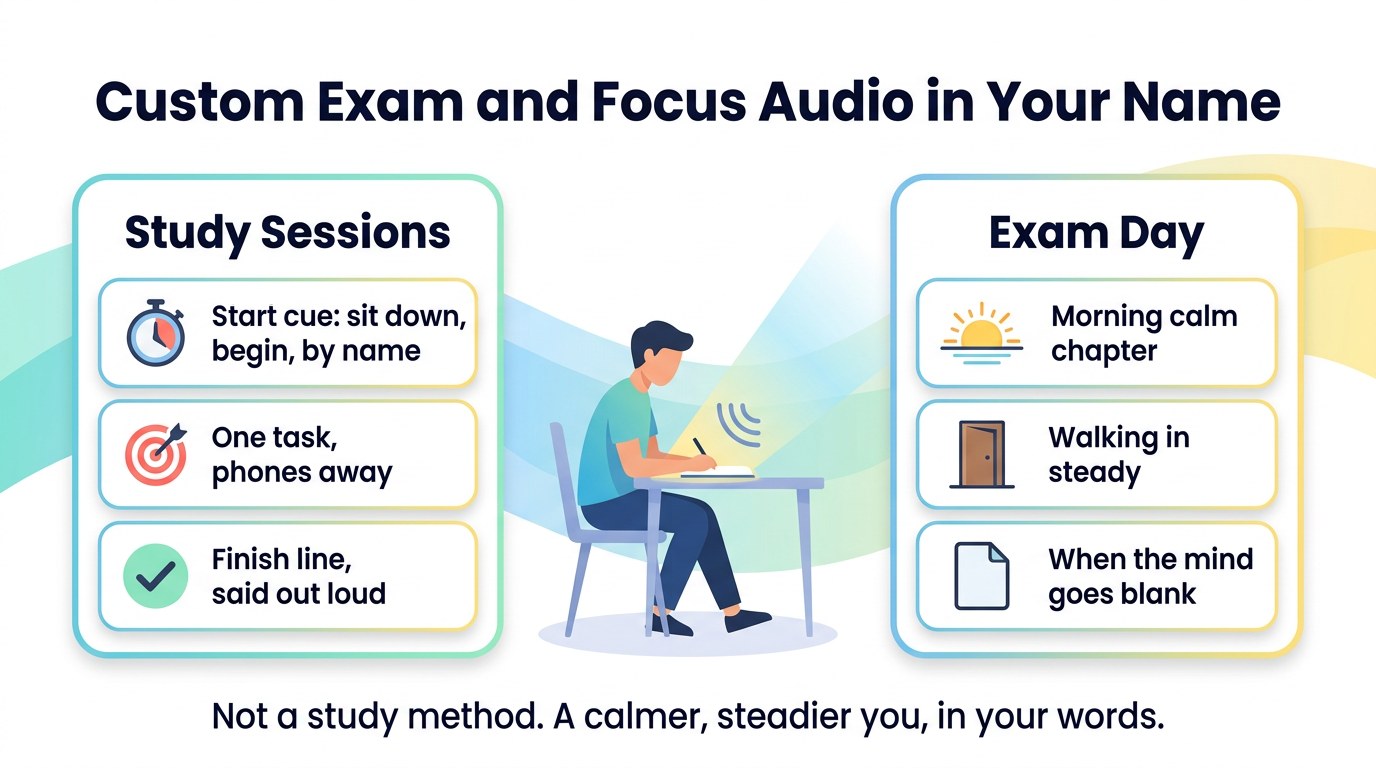WisdomDeck custom audio infographic: exams and focus
