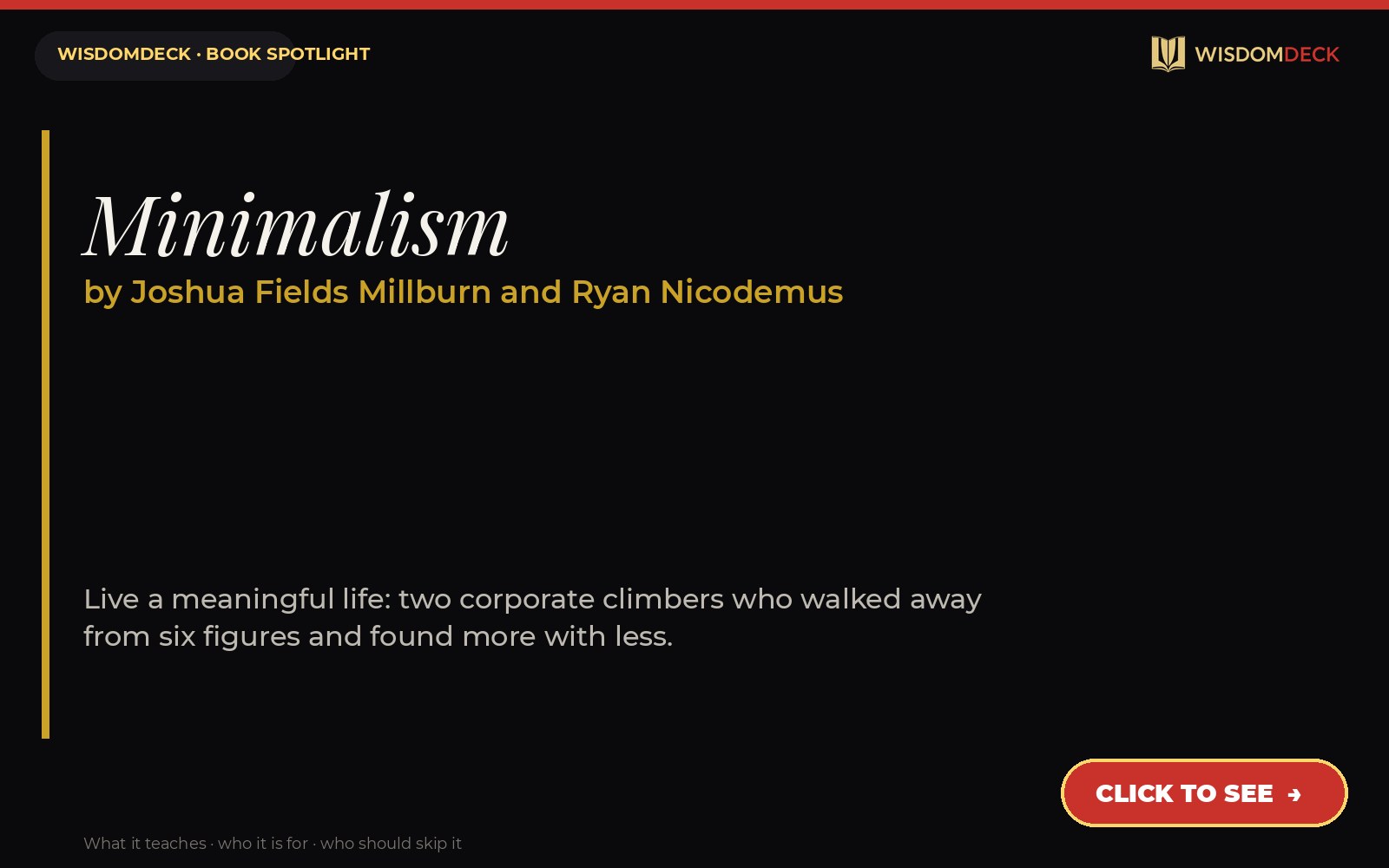 Minimalism by Joshua Fields Millburn and Ryan Nicodemus — WisdomDeck book spotlight card