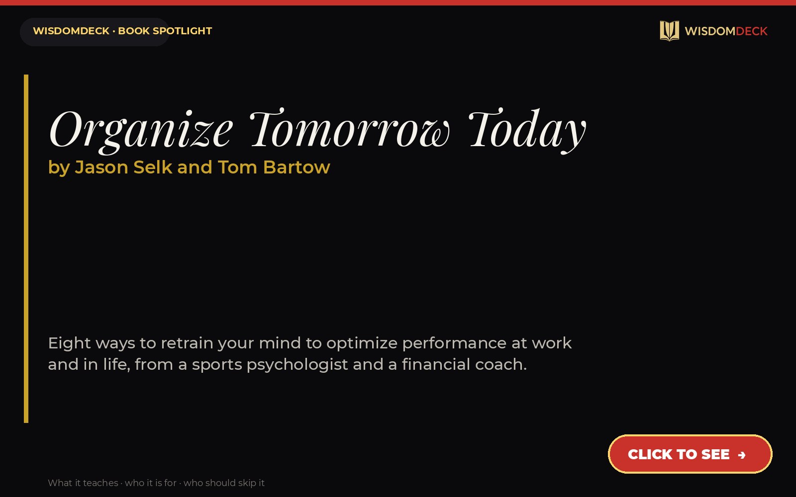 Organize Tomorrow Today by Jason Selk and Tom Bartow — WisdomDeck book spotlight card