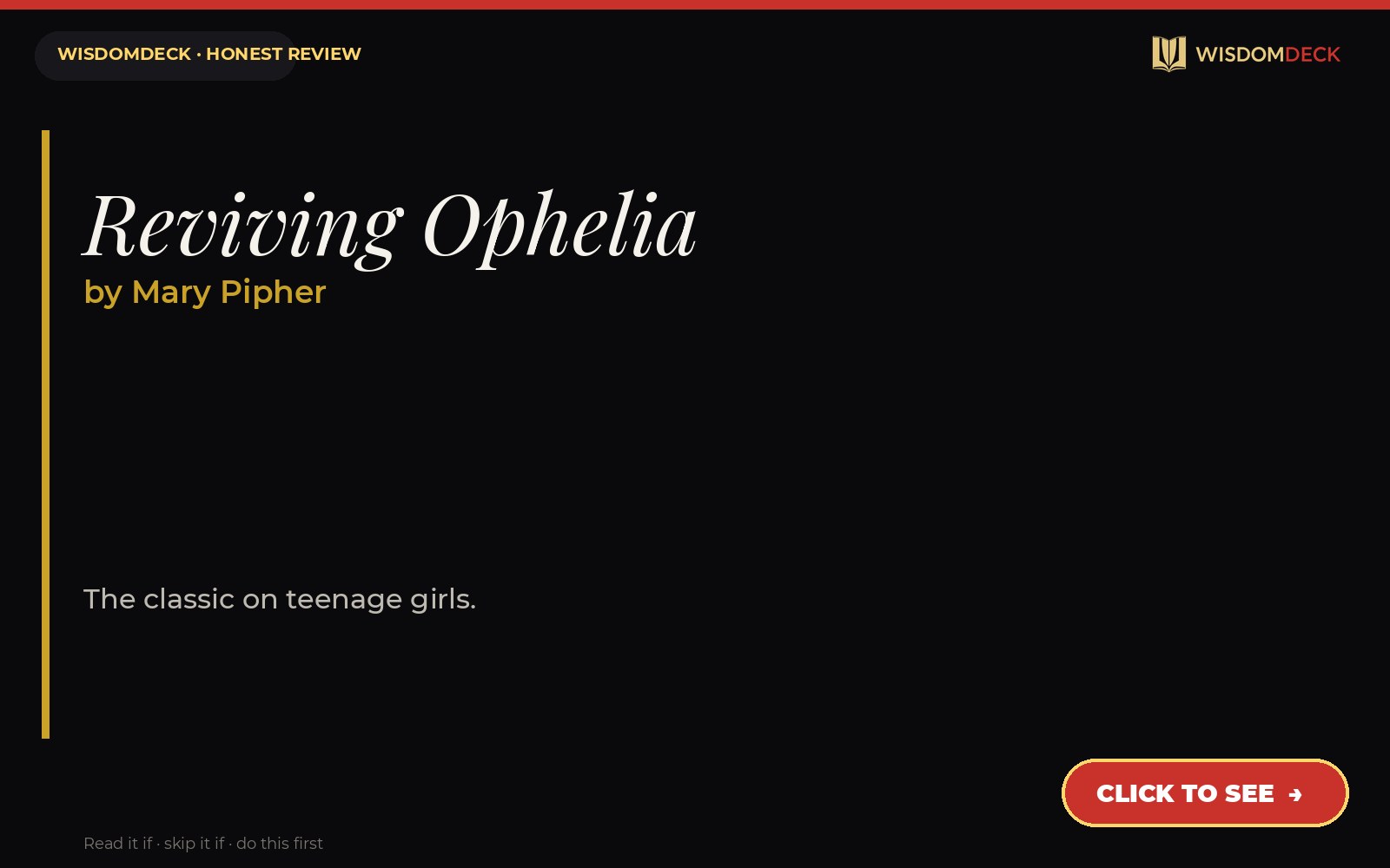 Reviving Ophelia by Mary Pipher — WisdomDeck honest review